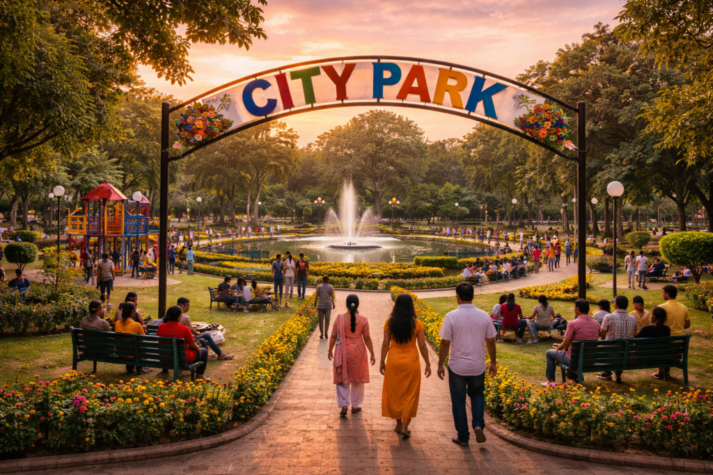 city park at sunset in hapur