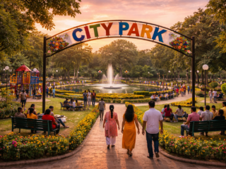city park at sunset in hapur