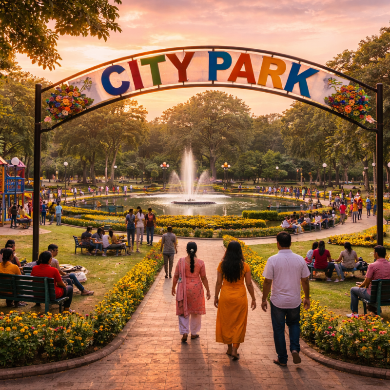 city park at sunset in hapur